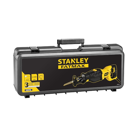 Stanley FME365K photography of black and yellow Fatmax reciprocating saw case, front angle on white background.