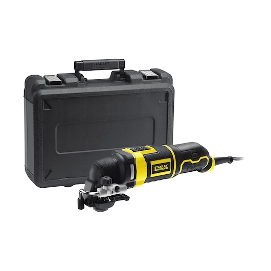 STANLEY FME650K oscillating multi-tool in black and yellow with hard carrying case, front angle on white background.