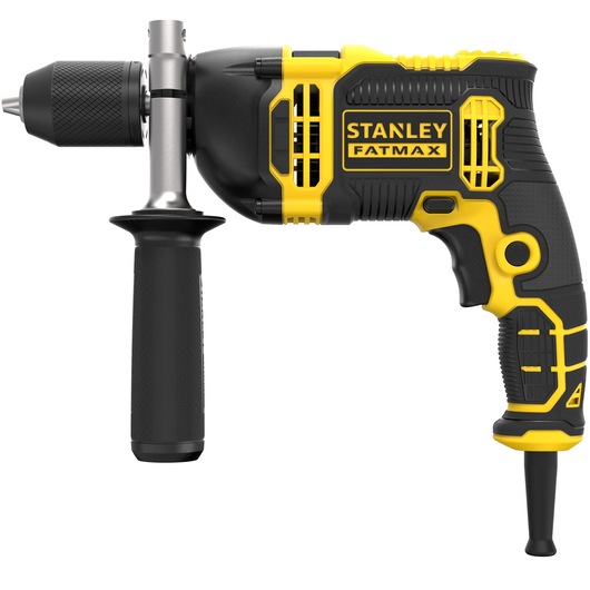 STANLEY FMEH750 corded electric drill with side handle, black and yellow, left side view on white background.