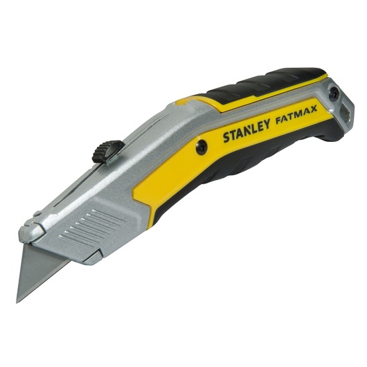 Stanley FatMax utility knife with retractable blade, yellow and black ergonomic handle.