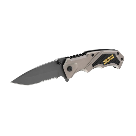 Stanley FatMax folding utility knife with partially serrated blade and ergonomic handle, shown on white background.