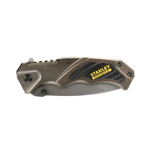 STANLEY FMHT0-10311 folding pocket knife, metallic handle, black grip, side view, white background.