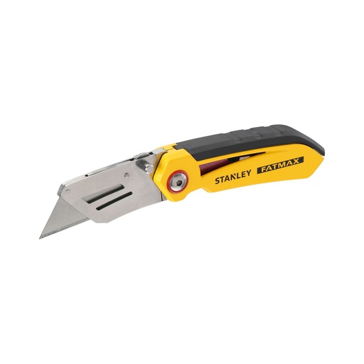 STANLEY FMHT0-10827 folding utility knife side view, yellow and black handle, extended blade.