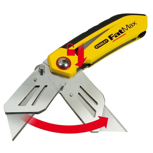 STANLEY FMHT0-10827 utility knife with yellow and black handle, shown open with blade locking feature, side view.