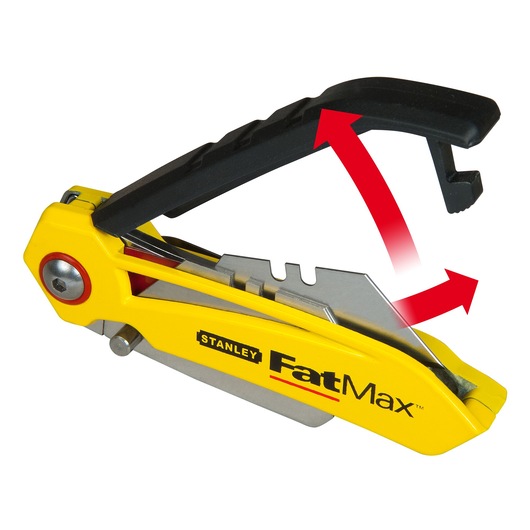 STANLEY FMHT0-10827 utility knife with yellow body, black folding handle, and visible blade, side angle.