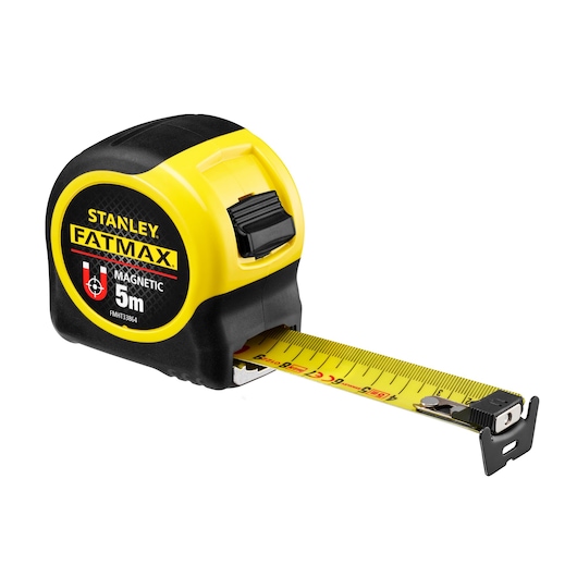 STANLEY FMHT0-33864 tape measure, FATMAX magnetic, 5m, photography, front-side angle on white background.