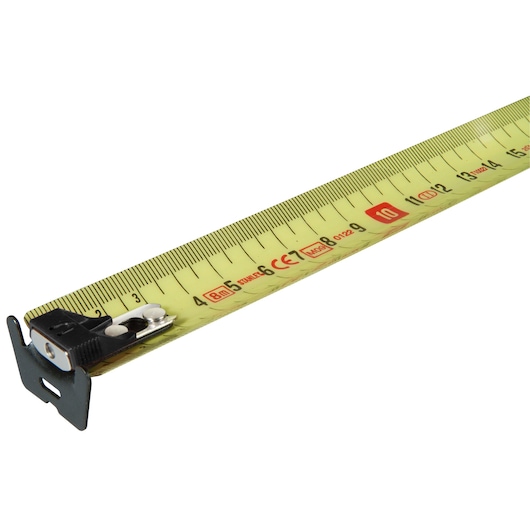 Yellow Stanley tape measure with metric markings and metal hook, shown extended against a white background.