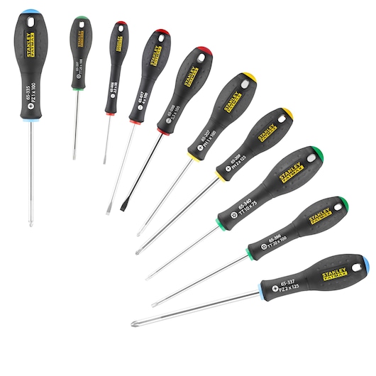 Set of nine STANLEY screwdrivers with black handles and colored tips, arranged in a fan shape on white background.