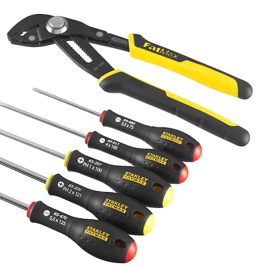 STANLEY FMHT0-62639 photography of FatMax pliers and five screwdrivers on white background.