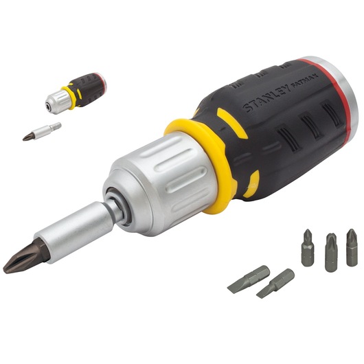 Stanley ratchet screwdriver with ergonomic handle and multiple interchangeable bits displayed.