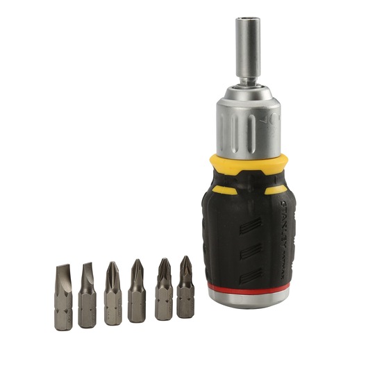 Stanley screwdriver with six interchangeable bits, black and yellow handle, suitable for various screw types.