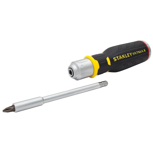 Stanley FatMax ratcheting screwdriver with interchangeable bit shown beside handle.