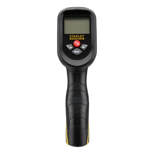 STANLEY FMHT0-77422 infrared thermometer, front view, with black and yellow handle and control buttons.