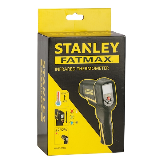 Photo of STANLEY FMHT0-77422 infrared thermometer retail packaging with product image and features, front angle.