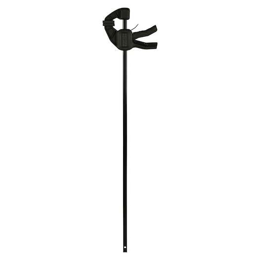 Black STANLEY clamp with trigger handle and long bar, used for securing or holding objects in place.