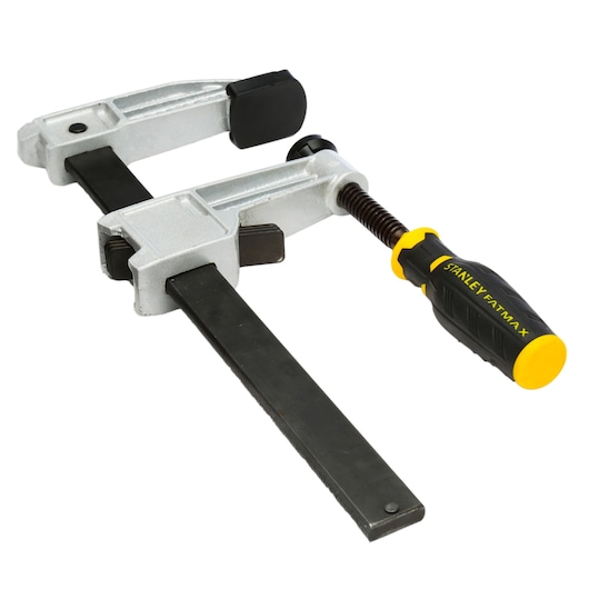 Stanley Fatmax bar clamp with metal body and yellow-black handle for woodworking or photography support.