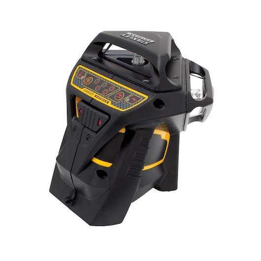 STANLEY FMHT1-77357 photography laser level, black and yellow, angled front view.