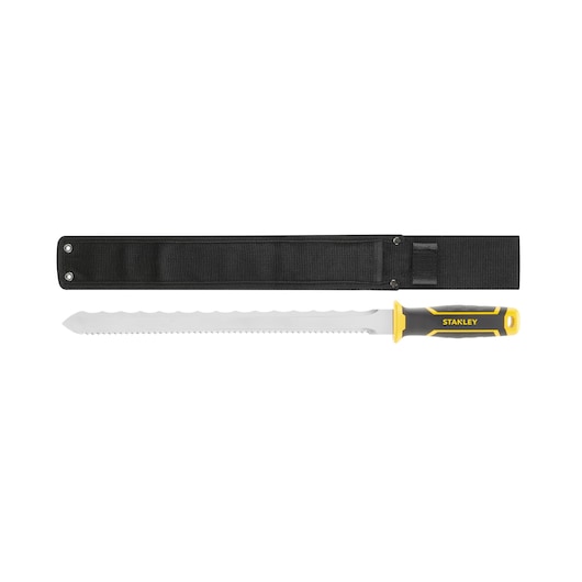 STANLEY FMHT10327-1 machete with yellow and black handle and serrated blade, shown with black sheath, top view.