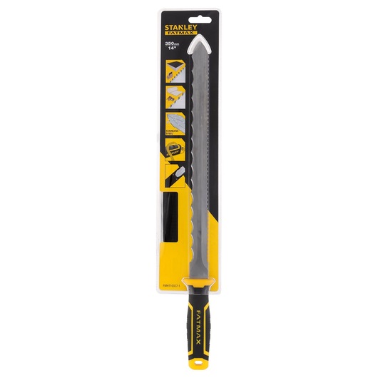 STANLEY FMHT10327-1 saw knife with black and yellow handle in packaging, front view.