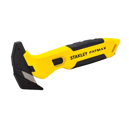 STANLEY FMHT10358-0 utility knife with yellow and black ergonomic handle, angled blade, product side view.