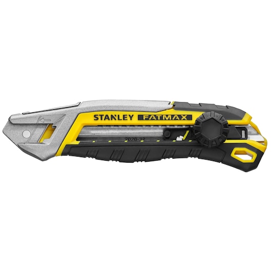 Stanley FATMAX retractable utility knife, side view, yellow and black, on white background