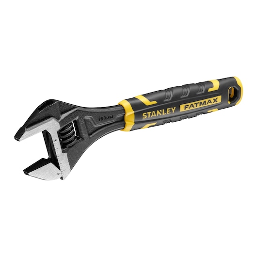 Stanley Fatmax adjustable wrench with black and yellow handle and metal jaws on white background.