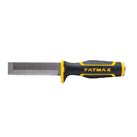 Stanley FATMAX chisel with black and yellow ergonomic handle and straight steel blade, side view on white background