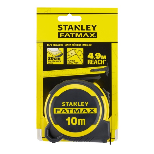 Photo of STANLEY FMHT33005-0 FATMAX 10m tape measure, black and yellow, front angle on white background.
