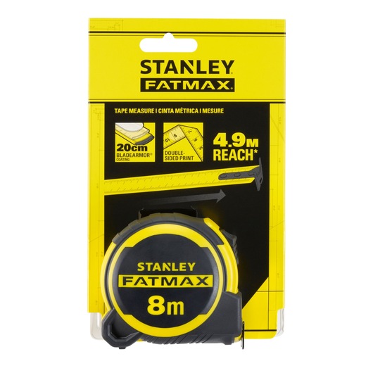 STANLEY FATMAX 8m tape measure FMHT33102-0 with yellow and black casing, in retail packaging, front view.