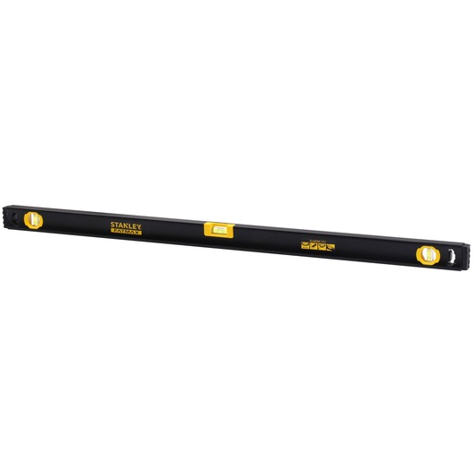 STANLEY FMHT42447-1 spirit level, black body with yellow vials, front angle, hand tool.