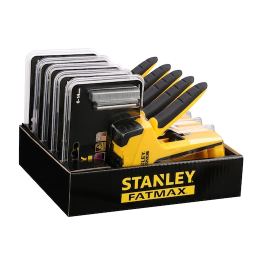 STANLEY FMHT6-70411 stapler set with packs of staples in a display box, front angle on white background.