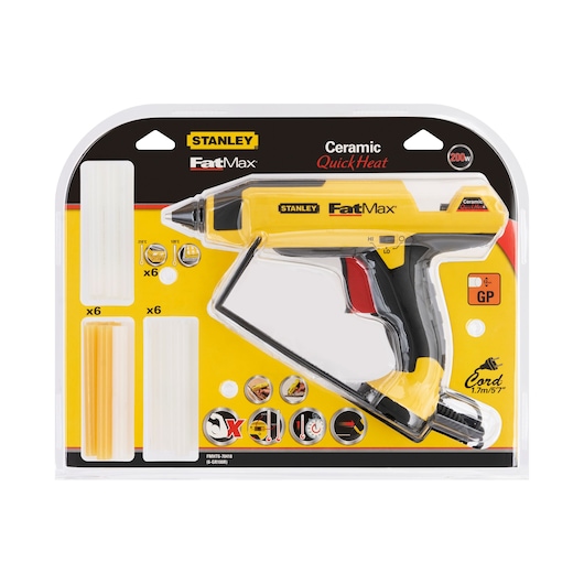 STANLEY FMHT6-70418 hot glue gun kit front angle, yellow and black, includes glue sticks, retail packaging.