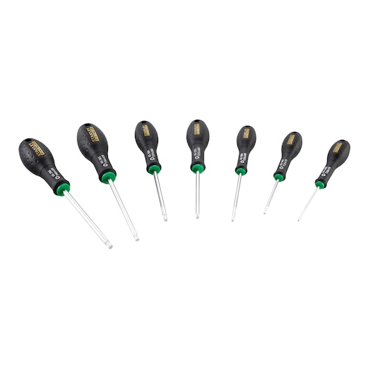 STANLEY FMHT65387-0 set of seven Torx screwdrivers with black handles and green rings, top view on white background.