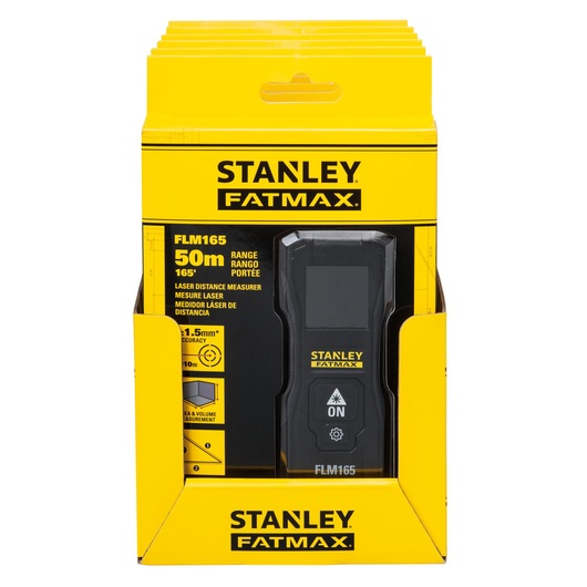 STANLEY FMHT77165-0 laser distance measurer FLM165 in yellow retail packaging, front angle.