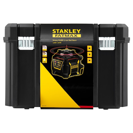 Stanley FMHT77446-1 rotary laser level case, black with yellow graphics, front angle.