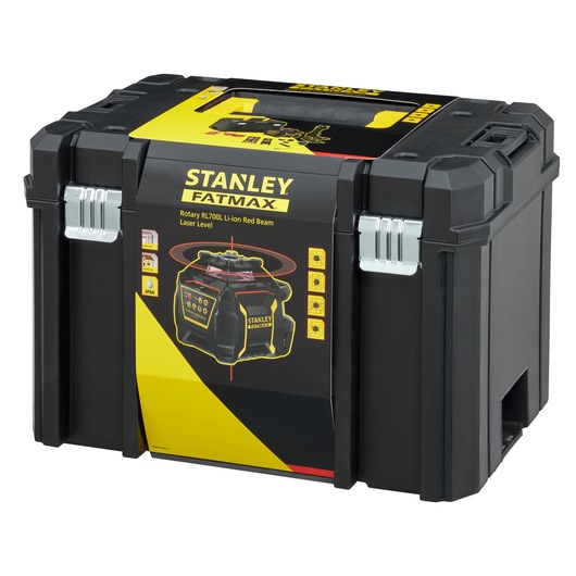 STANLEY FMHT77447-1 photography of black and yellow FATMAX tool storage box, front angle view.