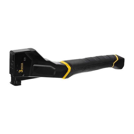 STANLEY FMHT81394-9 hammer tacker, black and yellow side view on white background.