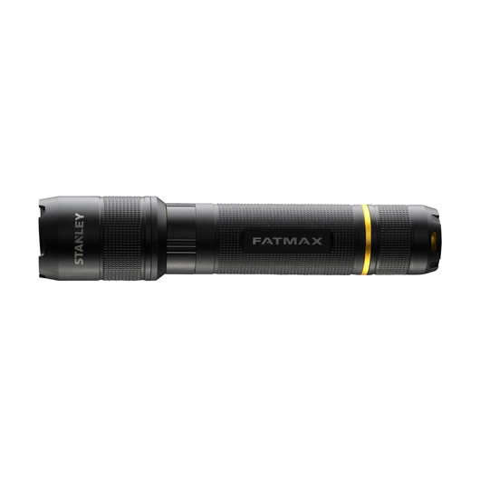 STANLEY FMHT81511-0 black flashlight with yellow ring, side angle on white background.