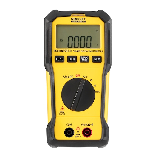 Photo of STANLEY FMHT82563-0 smart digital multimeter, yellow and black, front view on white background.