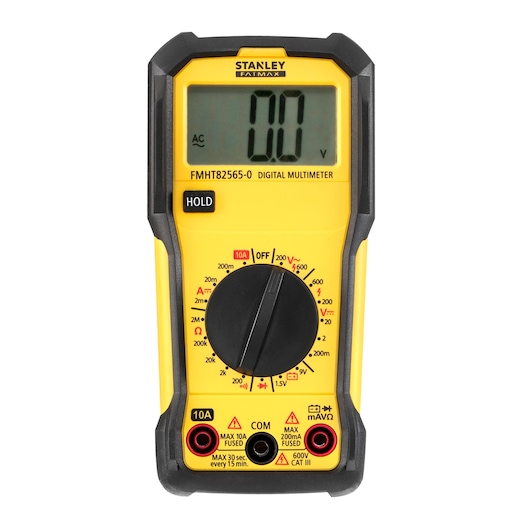 Stanley FMHT82565-0 digital multimeter, yellow and black, front view on white background.