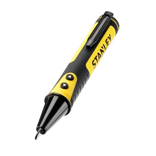 STANLEY FMHT82567-0 non-contact voltage tester, yellow and black, angled view, with control buttons and pocket clip.