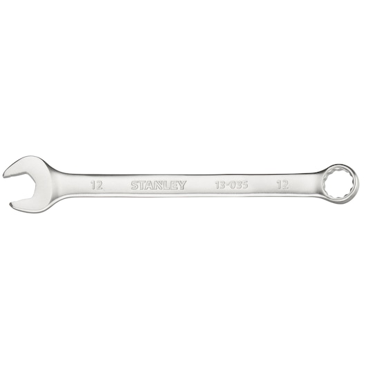 STANLEY FMMT13035-0 combination wrench with open and box ends, silver finish, top angle on white background.