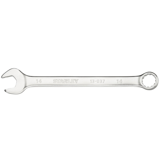 Photo of STANLEY FMMT13037-0 combination wrench, silver finish, open and box end, product on white background.