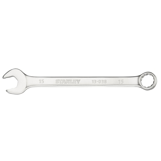 Photo of STANLEY FMMT13038-0 combination wrench, silver, 15mm, flat on white background.