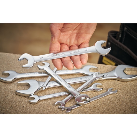 STANLEY FMMT13069-0 photography of chrome combination wrenches with hand holding one above others.