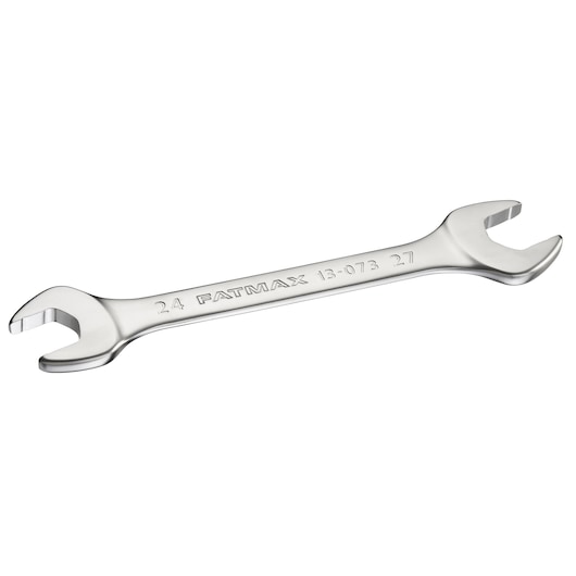 STANLEY FMMT13073-0 open-end wrench, silver hand tool, side angle on white background.