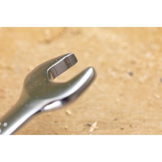 STANLEY FMMT13083-0 photography of open-end wrench angled on wood surface.