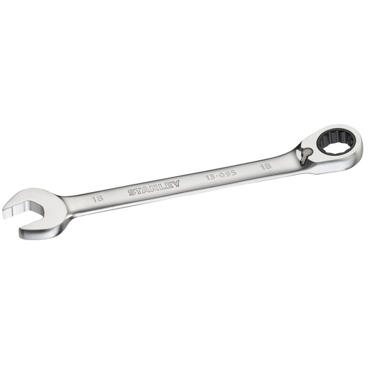 Photo of STANLEY FMMT13095-0 chrome ratcheting combination wrench on white background.