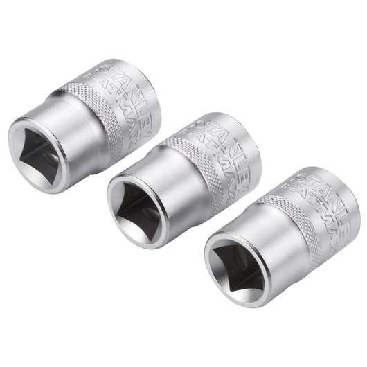 Photo of three STANLEY socket wrenches, model FMMT17094-0, silver finish, angled on white background.
