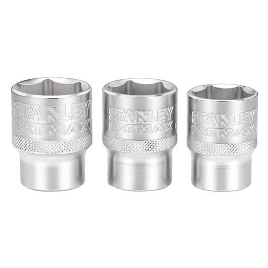 Three STANLEY FATMAX metal socket wrenches are shown standing upright side by side.